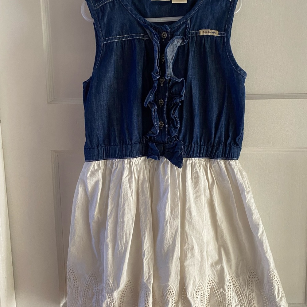 Classic denim dress. Denim top with white cotton skirt.